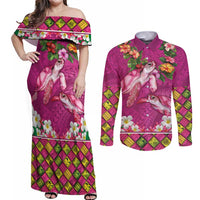 Hawaiian Lei Turtle and Plumeria Couples Matching Off Shoulder Maxi Dress and Long Sleeve Button Shirt Polynerian Art Tattoo-Plum Pink Color