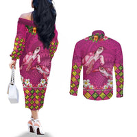 Hawaiian Lei Turtle and Plumeria Couples Matching Off The Shoulder Long Sleeve Dress and Long Sleeve Button Shirt Polynerian Art Tattoo-Plum Pink Color