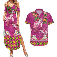 Hawaiian Lei Turtle and Plumeria Couples Matching Summer Maxi Dress and Hawaiian Shirt Polynerian Art Tattoo-Plum Pink Color