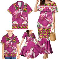 Hawaiian Lei Turtle and Plumeria Family Matching Mermaid Dress and Hawaiian Shirt Polynerian Art Tattoo-Plum Pink Color