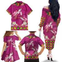 Hawaiian Lei Turtle and Plumeria Family Matching Off The Shoulder Long Sleeve Dress and Hawaiian Shirt Polynerian Art Tattoo-Plum Pink Color