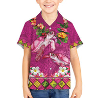 Hawaiian Lei Turtle and Plumeria Family Matching Off The Shoulder Long Sleeve Dress and Hawaiian Shirt Polynerian Art Tattoo-Plum Pink Color