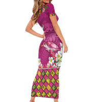 Hawaiian Lei Turtle and Plumeria Family Matching Short Sleeve Bodycon Dress and Hawaiian Shirt Polynerian Art Tattoo-Plum Pink Color