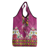 Hawaiian Lei Turtle and Plumeria Grocery Bag Polynerian Art Tattoo-Plum Pink Color