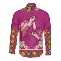 Hawaiian Lei Turtle and Plumeria Long Sleeve Button Shirt Polynerian Art Tattoo-Plum Pink Color