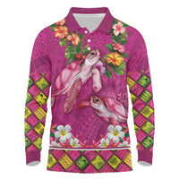 Hawaiian Lei Turtle and Plumeria Long Sleeve Polo Shirt Polynerian Art Tattoo-Plum Pink Color