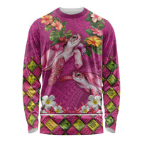 Hawaiian Lei Turtle and Plumeria Long Sleeve Shirt Polynerian Art Tattoo-Plum Pink Color