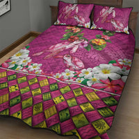 Hawaiian Lei Turtle and Plumeria Quilt Bed Set Polynerian Art Tattoo-Plum Pink Color