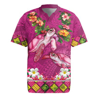 Hawaiian Lei Turtle and Plumeria Rugby Jersey Polynerian Art Tattoo-Plum Pink Color