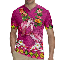 Hawaiian Lei Turtle and Plumeria Rugby Jersey Polynerian Art Tattoo-Plum Pink Color