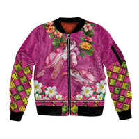 Hawaiian Lei Turtle and Plumeria Sleeve Zip Bomber Jacket Polynerian Art Tattoo-Plum Pink Color LT03 Unisex Pink - Polynesian Pride