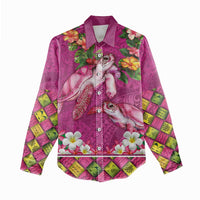 Hawaiian Lei Turtle and Plumeria Women Casual Shirt Polynerian Art Tattoo-Plum Pink Color