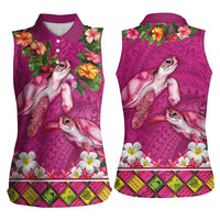 Hawaiian Lei Turtle and Plumeria Women Sleeveless Polo Shirt Polynerian Art Tattoo-Plum Pink Color