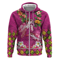 Hawaiian Lei Turtle and Plumeria Zip Hoodie Polynerian Art Tattoo-Plum Pink Color