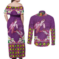 Hawaiian Lei Turtle and Plumeria Couples Matching Off Shoulder Maxi Dress and Long Sleeve Button Shirt Polynerian Art Tattoo-Mauve Color