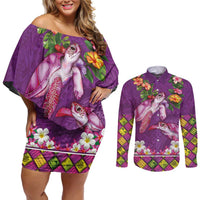 Hawaiian Lei Turtle and Plumeria Couples Matching Off Shoulder Short Dress and Long Sleeve Button Shirt Polynerian Art Tattoo-Mauve Color
