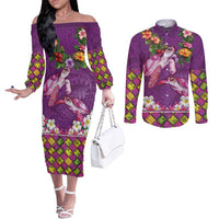 Hawaiian Lei Turtle and Plumeria Couples Matching Off The Shoulder Long Sleeve Dress and Long Sleeve Button Shirt Polynerian Art Tattoo-Mauve Color