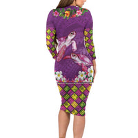 Hawaiian Lei Turtle and Plumeria Family Matching Long Sleeve Bodycon Dress and Hawaiian Shirt Polynerian Art Tattoo-Mauve Color