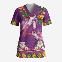 Hawaiian Lei Turtle and Plumeria Scrub Top Polynerian Art Tattoo-Mauve Color LT03 Adult Purple - Polynesian Pride