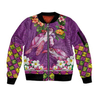 Hawaiian Lei Turtle and Plumeria Sleeve Zip Bomber Jacket Polynerian Art Tattoo-Mauve Color LT03 Unisex Purple - Polynesian Pride