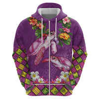 Hawaiian Lei Turtle and Plumeria Zip Hoodie Polynerian Art Tattoo-Mauve Color