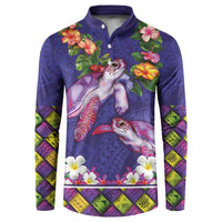 Hawaiian Lei Turtle and Plumeria Button Sweatshirt Polynerian Art Tattoo-Navy Color