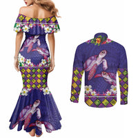 Hawaiian Lei Turtle and Plumeria Couples Matching Mermaid Dress and Long Sleeve Button Shirt Polynerian Art Tattoo-Navy Color