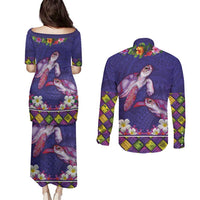 Hawaiian Lei Turtle and Plumeria Couples Matching Puletasi and Long Sleeve Button Shirt Polynerian Art Tattoo-Navy Color