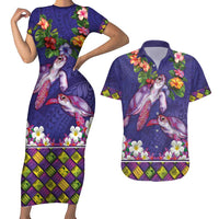Hawaiian Lei Turtle and Plumeria Couples Matching Short Sleeve Bodycon Dress and Hawaiian Shirt Polynerian Art Tattoo-Navy Color