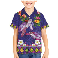 Hawaiian Lei Turtle and Plumeria Family Matching Mermaid Dress and Hawaiian Shirt Polynerian Art Tattoo-Navy Color