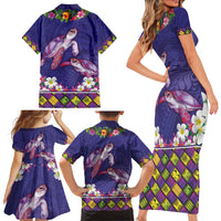Hawaiian Lei Turtle and Plumeria Family Matching Short Sleeve Bodycon Dress and Hawaiian Shirt Polynerian Art Tattoo-Navy Color