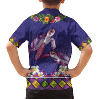 Hawaiian Lei Turtle and Plumeria Family Matching Summer Maxi Dress and Hawaiian Shirt Polynerian Art Tattoo-Navy Color LT03 - Polynesian Pride