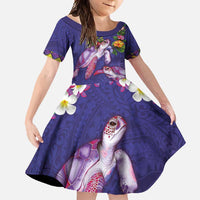 Hawaiian Lei Turtle and Plumeria Family Matching Summer Maxi Dress and Hawaiian Shirt Polynerian Art Tattoo-Navy Color LT03 Daughter's Dress Navy - Polynesian Pride