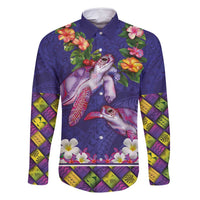 Hawaiian Lei Turtle and Plumeria Family Matching Summer Maxi Dress and Hawaiian Shirt Polynerian Art Tattoo-Navy Color LT03 Dad's Shirt - Long Sleeve Navy - Polynesian Pride