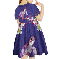 Hawaiian Lei Turtle and Plumeria Kid Short Sleeve Dress Polynerian Art Tattoo-Navy Color