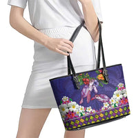 Hawaiian Lei Turtle and Plumeria Leather Tote Bag Polynerian Art Tattoo-Navy Color LT03 - Polynesian Pride