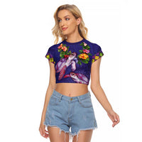 Hawaiian Lei Turtle and Plumeria Raglan Cropped T Shirt Polynerian Art Tattoo-Navy Color