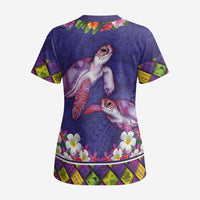 Hawaiian Lei Turtle and Plumeria Scrub Top Polynerian Art Tattoo-Navy Color LT03 - Polynesian Pride
