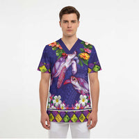 Hawaiian Lei Turtle and Plumeria Scrub Top Polynerian Art Tattoo-Navy Color LT03 - Polynesian Pride