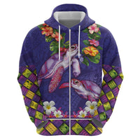 Hawaiian Lei Turtle and Plumeria Zip Hoodie Polynerian Art Tattoo-Navy Color