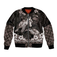 Hawaiian Lei Turtle and Plumeria Bomber Jacket Polynerian Art Tattoo-Grayscale Mode LT03 Unisex Black - Polynesian Pride