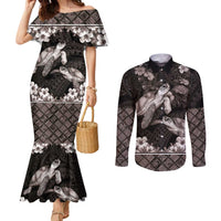 Hawaiian Lei Turtle and Plumeria Couples Matching Mermaid Dress and Long Sleeve Button Shirt Polynerian Art Tattoo-Grayscale Mode