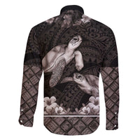 Hawaiian Lei Turtle and Plumeria Family Matching Off The Shoulder Long Sleeve Dress and Hawaiian Shirt Polynerian Art Tattoo-Grayscale Mode