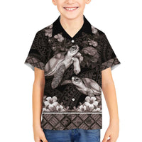 Hawaiian Lei Turtle and Plumeria Family Matching Off Shoulder Short Dress and Hawaiian Shirt Polynerian Art Tattoo-Grayscale Mode LT03 Son's Shirt Black - Polynesian Pride