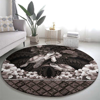 Hawaiian Lei Turtle and Plumeria Round Carpet Polynerian Art Tattoo-Grayscale Mode