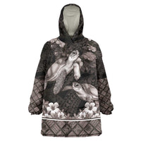 Hawaiian Lei Turtle and Plumeria Wearable Blanket Hoodie Polynerian Art Tattoo-Grayscale Mode