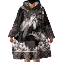 Hawaiian Lei Turtle and Plumeria Wearable Blanket Hoodie Polynerian Art Tattoo-Grayscale Mode