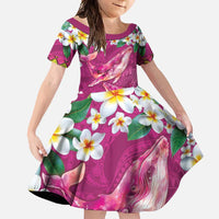 Hawaiian Plumeria and Humpback Whales Family Matching Long Sleeve Bodycon Dress and Hawaiian Shirt Polynerian Art Tattoo-Plum Pink Color LT03 Daughter's Dress Pink - Polynesian Pride