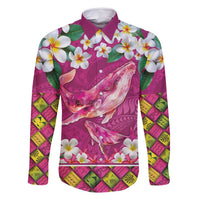 Hawaiian Plumeria and Humpback Whales Family Matching Long Sleeve Bodycon Dress and Hawaiian Shirt Polynerian Art Tattoo-Plum Pink Color LT03 Dad's Shirt - Long Sleeve Pink - Polynesian Pride