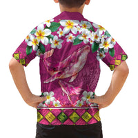 Hawaiian Plumeria and Humpback Whales Family Matching Off The Shoulder Long Sleeve Dress and Hawaiian Shirt Polynerian Art Tattoo-Plum Pink Color